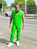 Men's Leather Brooklyn Vest With Leather Cargo Pants Green [Slim-Cut]