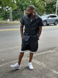 Men's Summer In Miami Leather Shirt And Shorts Set [Black/White Stripe]