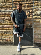 Men's Summer In Miami Leather Shirt And Shorts Set [Navy Blue]