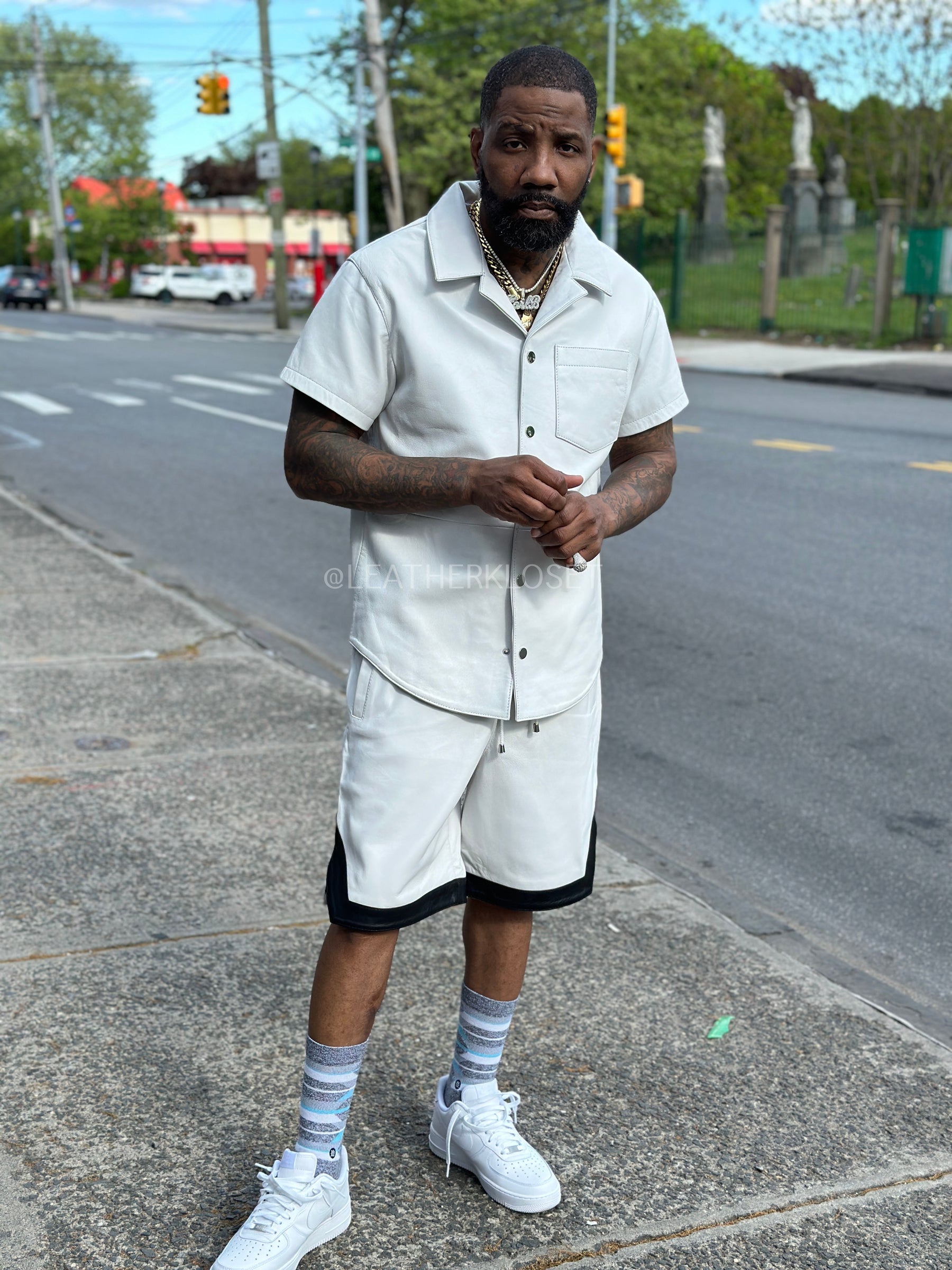 Men's Summer In Miami Leather Shirt And Shorts Set [White