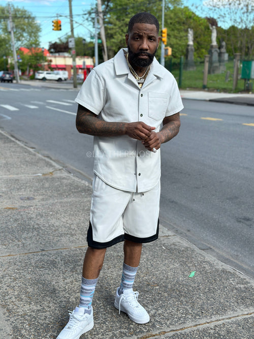 Men's Summer In Miami Leather Shirt And Shorts Set [White]
