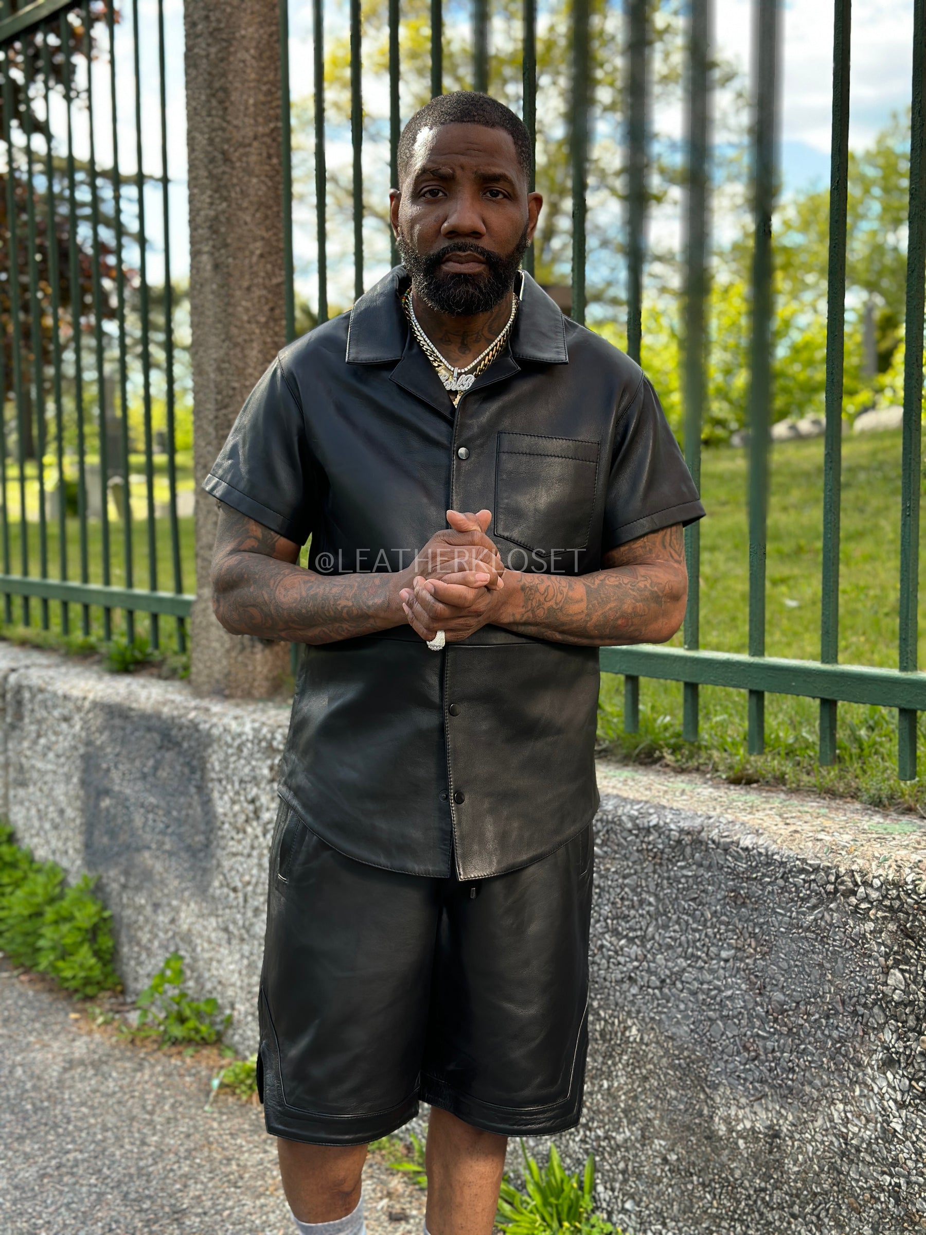 Men's Summer In Miami Leather Shirt And Shorts Set [Black