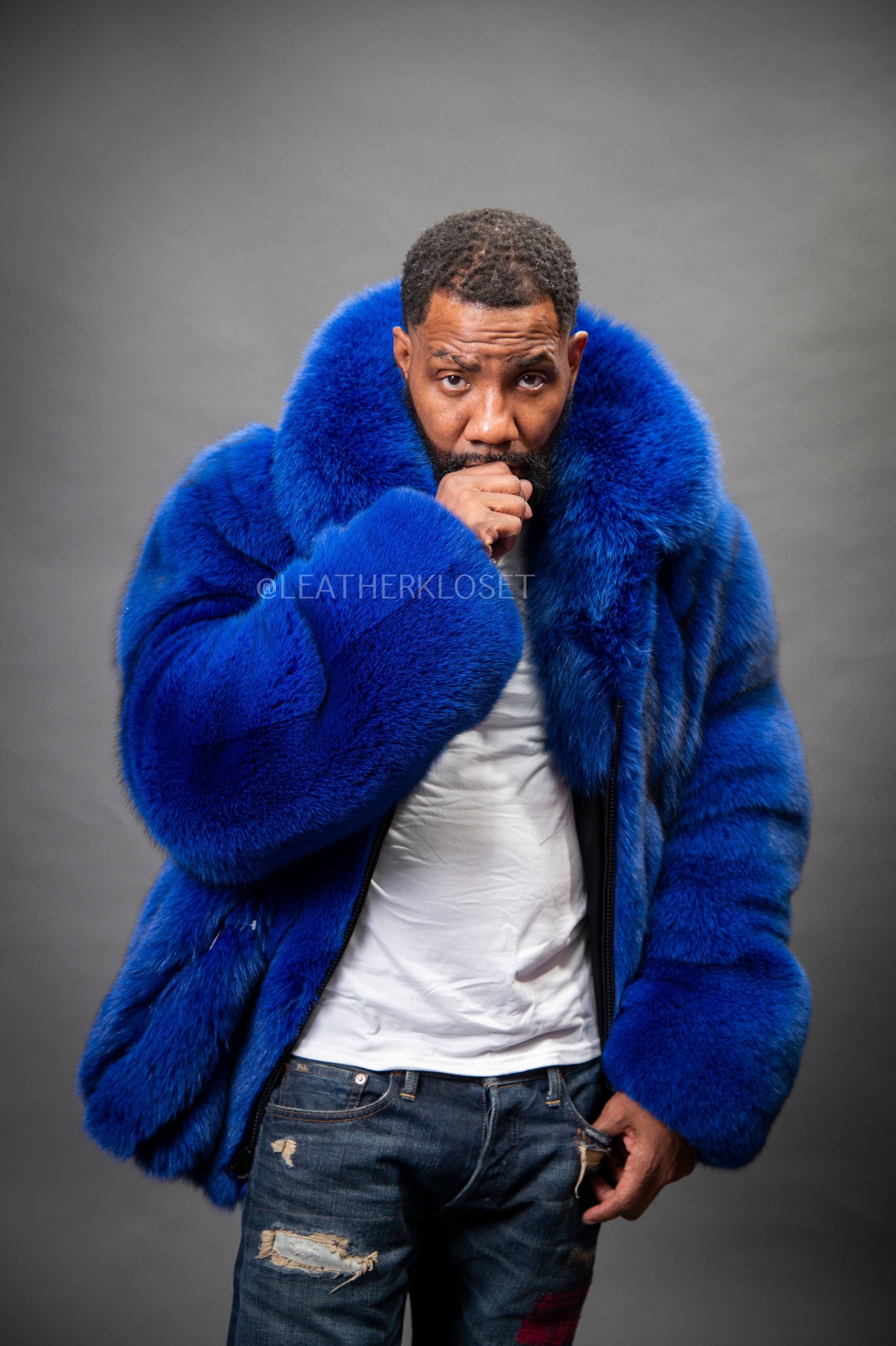 Men's Fox Fur Bomber Jacket [Royal Blue] – LeatherKloset