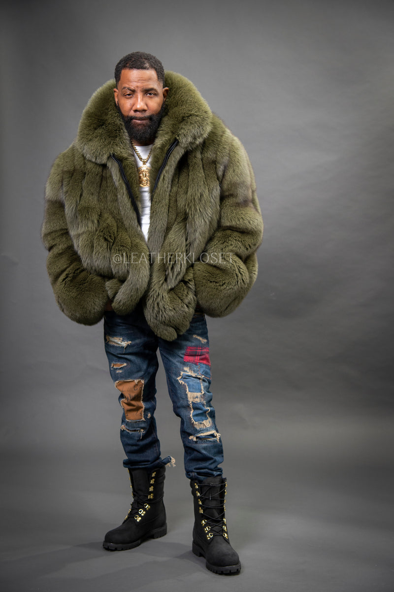 Men's Black Fox Fur Bomber Jacket [Olive]