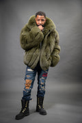 Men's Black Fox Fur Bomber Jacket [Olive]