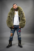 Men's Black Fox Fur Bomber Jacket [Olive]