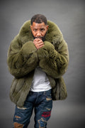 Men's Black Fox Fur Bomber Jacket [Olive]