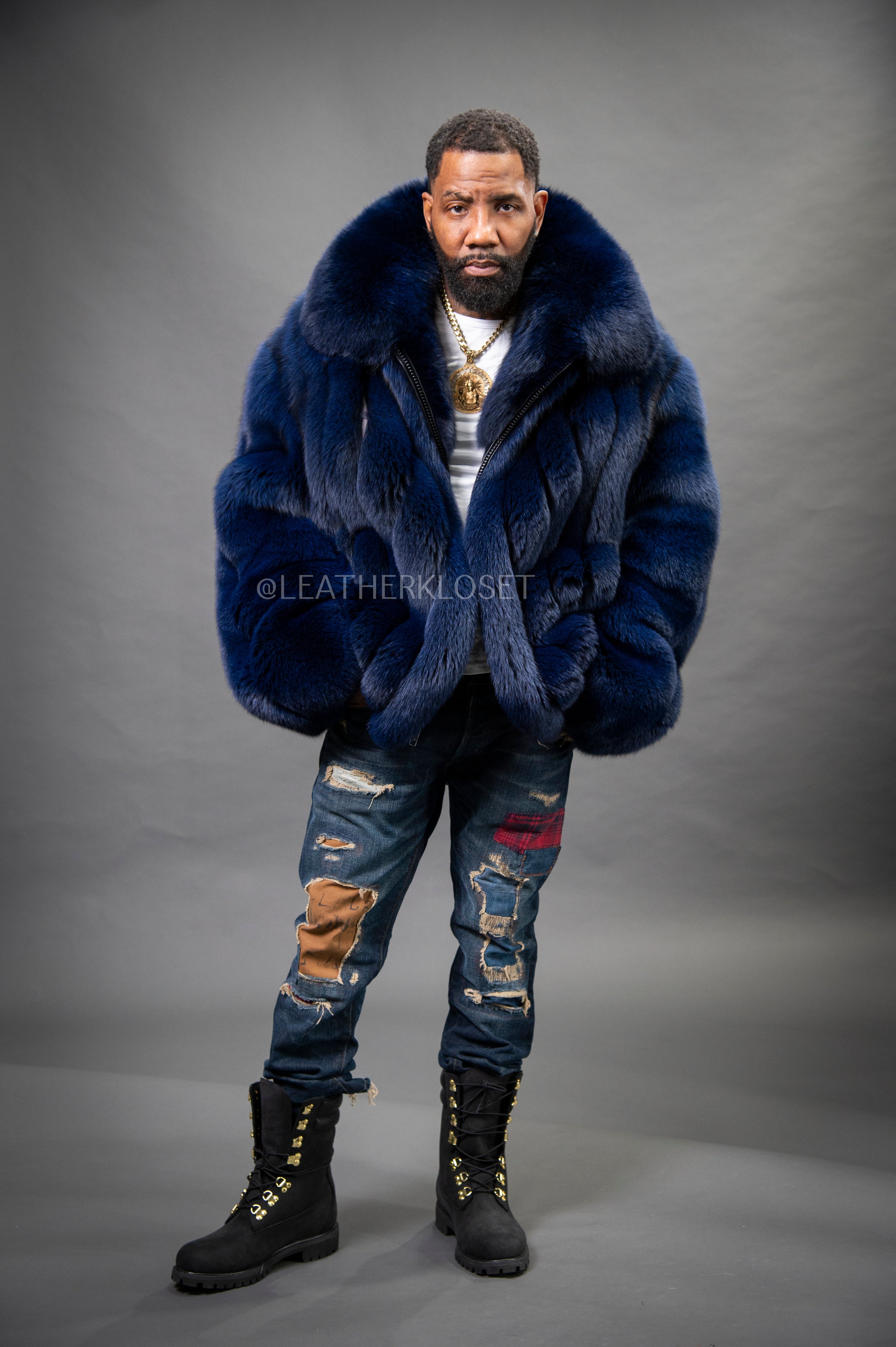 Men's Fox Fur Bomber Jacket [Navy Blue] – LeatherKloset