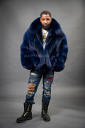 Men's Black Fox Fur Bomber Jacket [Navy Blue]