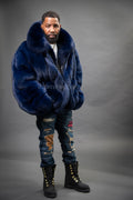 Men's Black Fox Fur Bomber Jacket [Navy Blue]