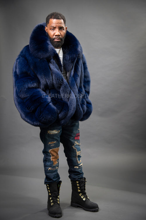 Men's Fox Fur Bomber Jacket [Navy Blue]