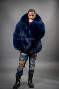 Men's Black Fox Fur Bomber Jacket [Navy Blue]