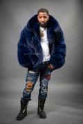 Men's Black Fox Fur Bomber Jacket [Navy Blue]