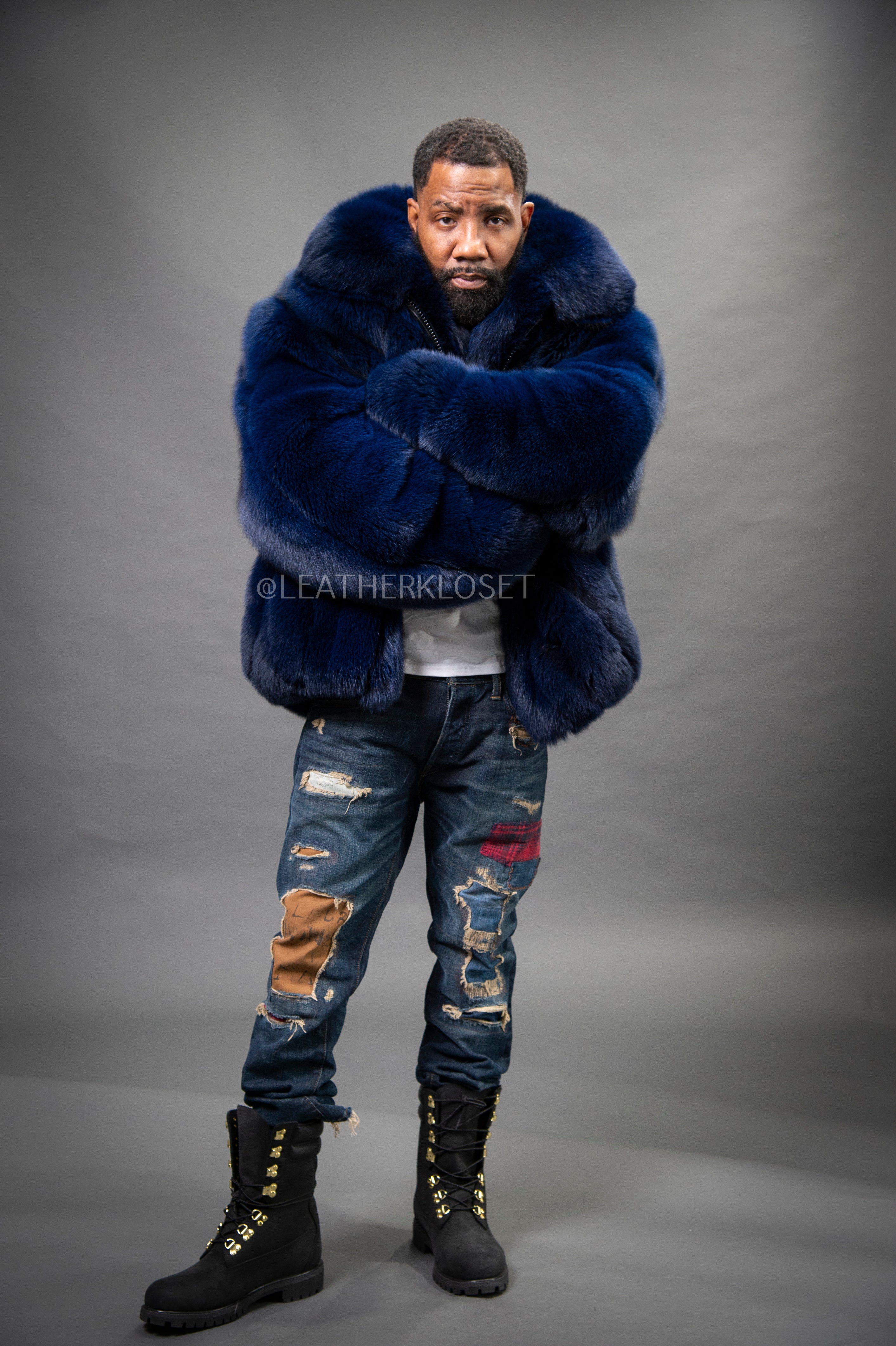 Men's Fox Fur Bomber Jacket [Navy Blue] – LeatherKloset