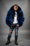 Men's Black Fox Fur Bomber Jacket [Navy Blue]