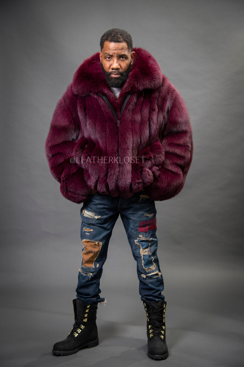 Men's Black Fox Fur Bomber Jacket [Burgundy]