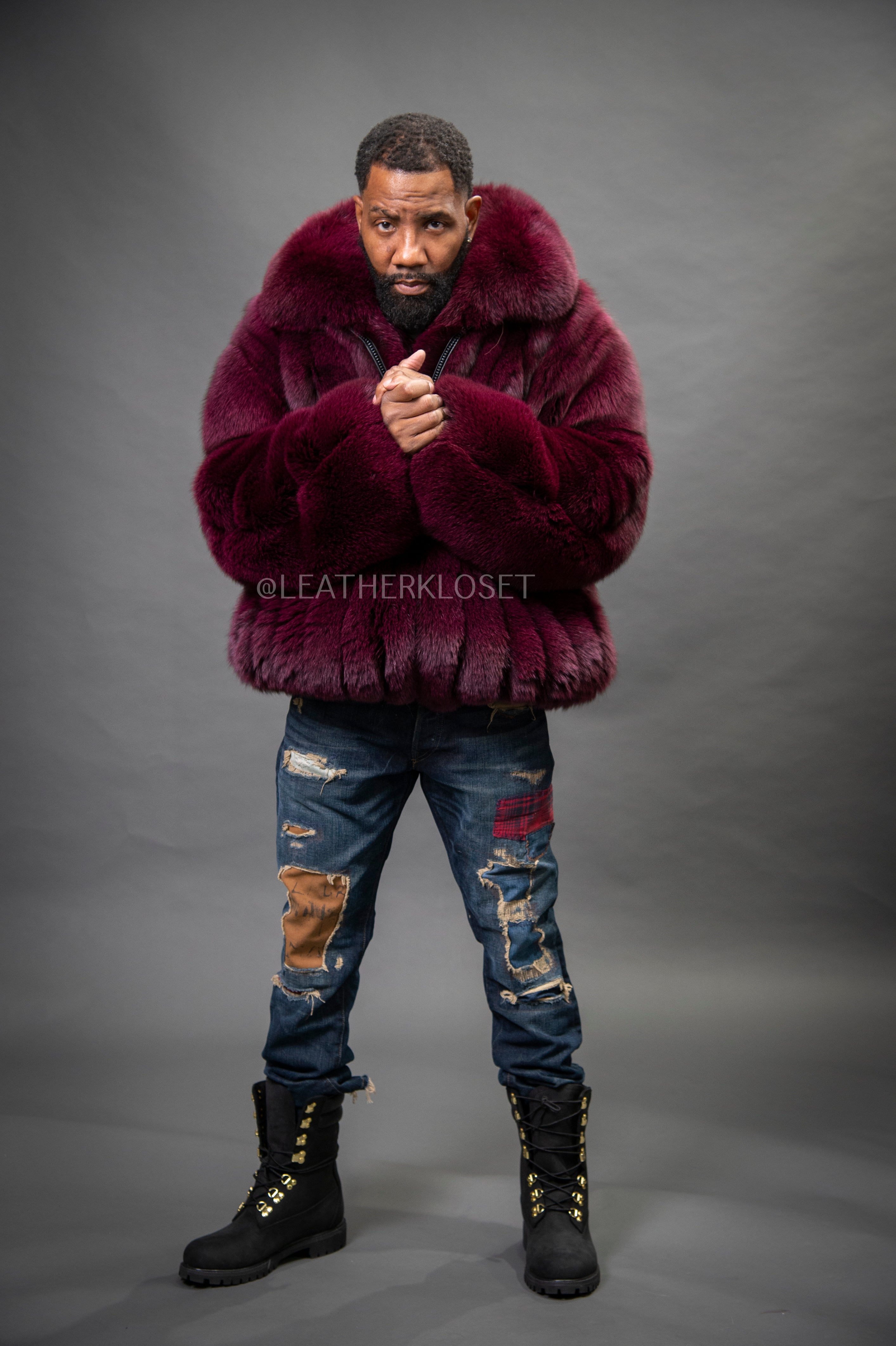 Men's Black Fox Fur Bomber Jacket [Burgundy] – LeatherKloset