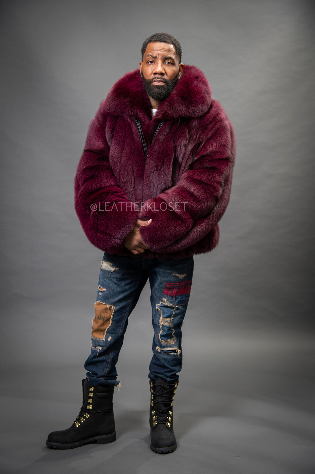 Men's Black Fox Fur Bomber Jacket [Burgundy]