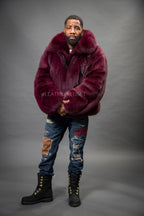 Men's Black Fox Fur Bomber Jacket [Burgundy]
