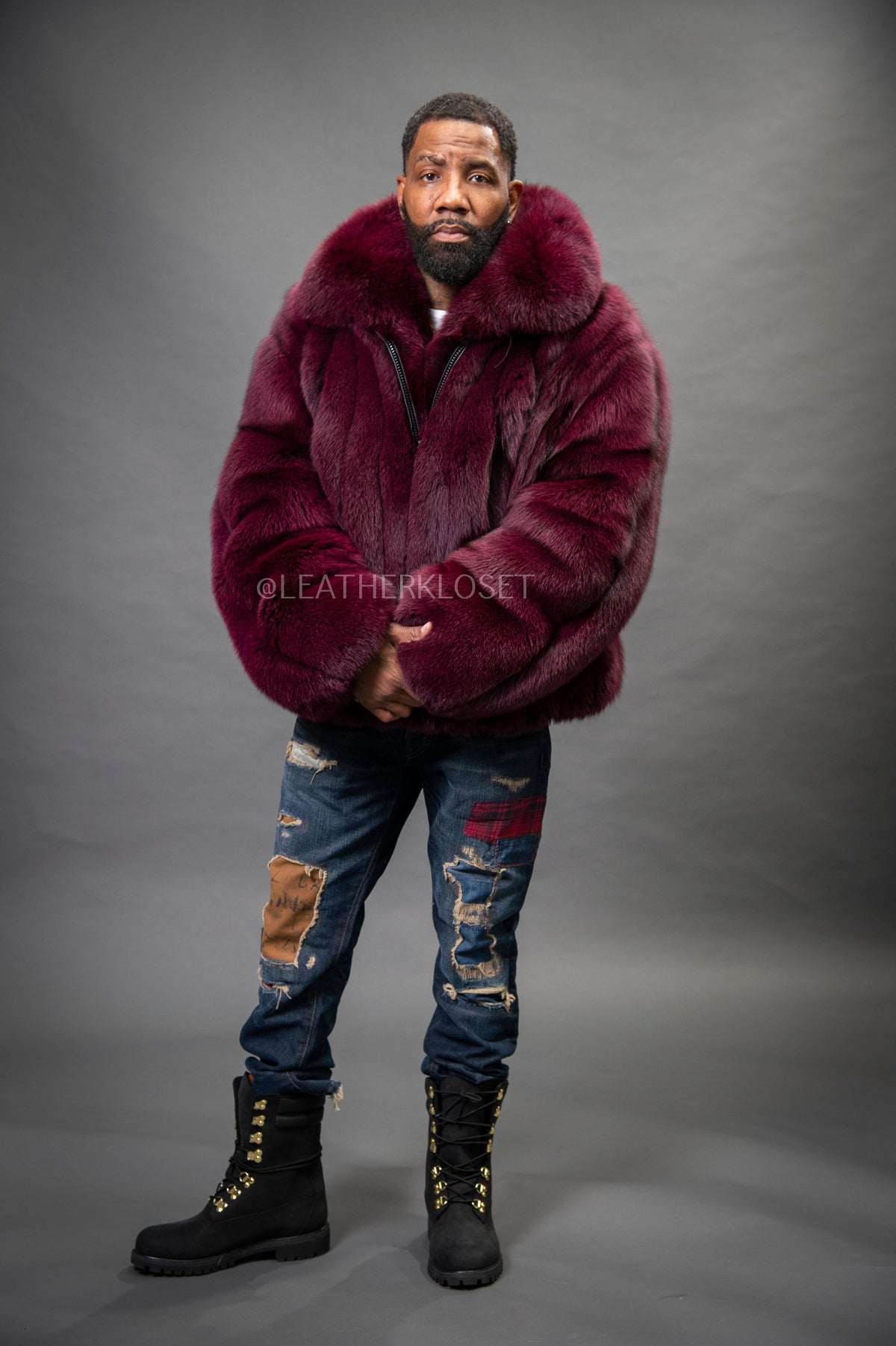 Men's Black Fox Fur Bomber Jacket [Burgundy]