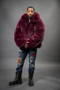 Men's Black Fox Fur Bomber Jacket [Burgundy]