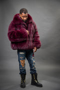 Men's Black Fox Fur Bomber Jacket [Burgundy]