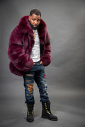 Men's Black Fox Fur Bomber Jacket [Burgundy]