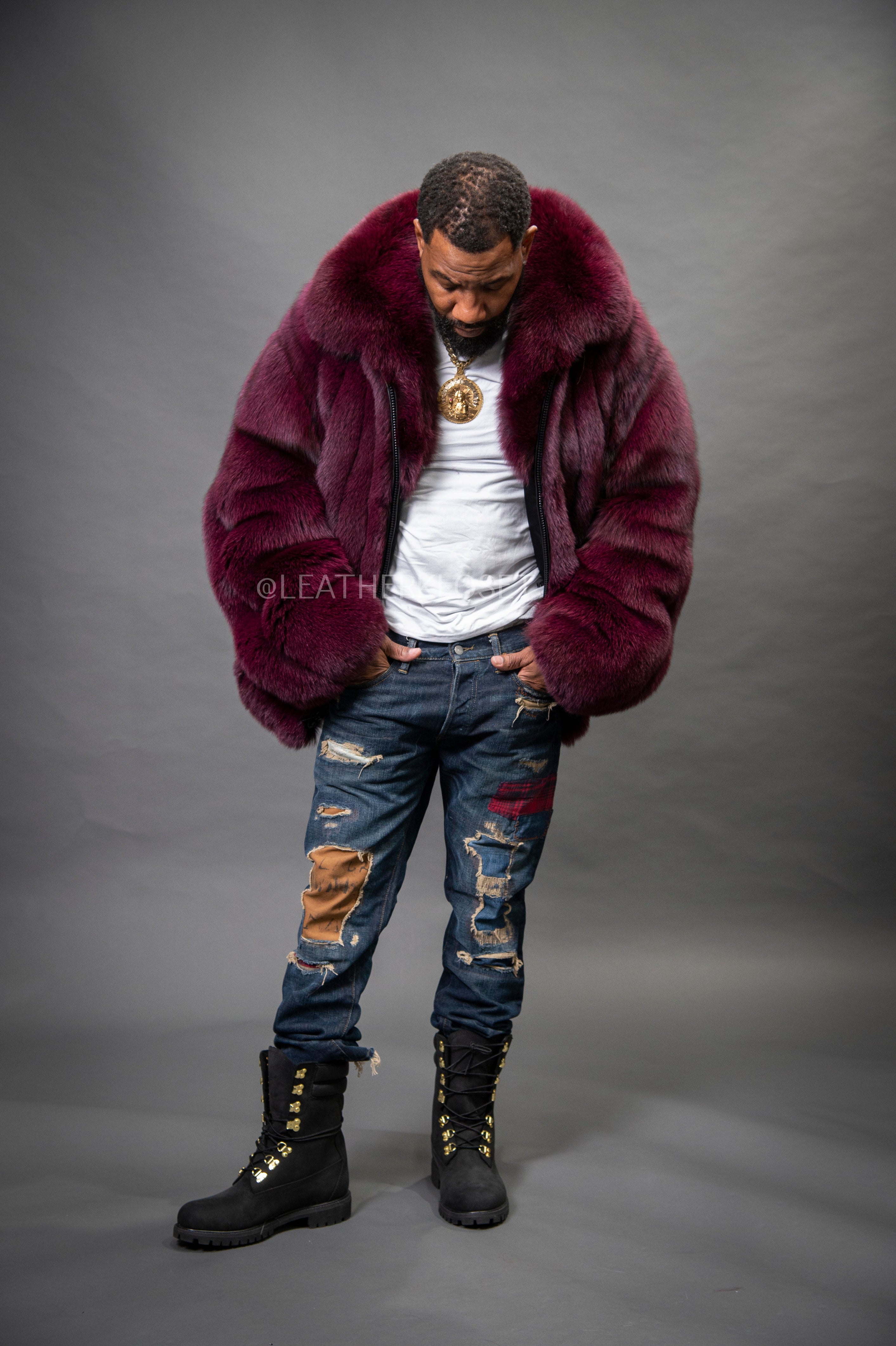 Men's Black Fox Fur Bomber Jacket [Burgundy] – LeatherKloset