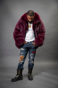 Men's Black Fox Fur Bomber Jacket [Burgundy]