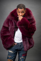 Men's Black Fox Fur Bomber Jacket [Burgundy]