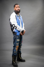 Men's 8 Ball Leather Jacket [White/Royal Blue/Black]