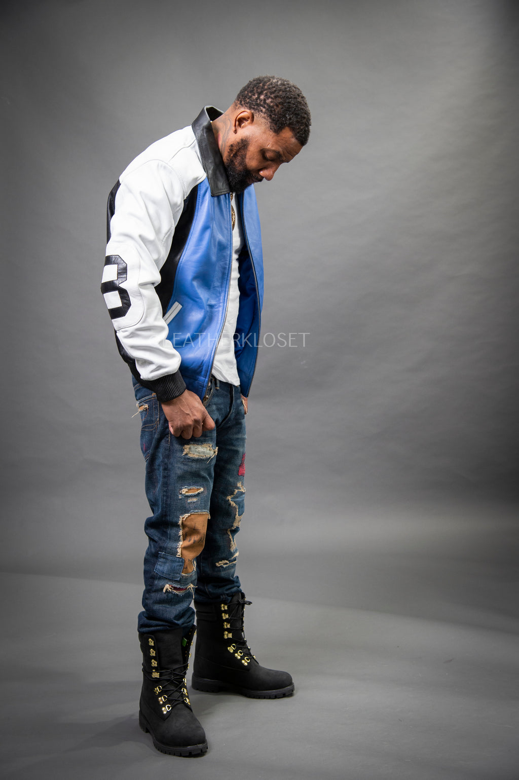 Men's 8 Ball Leather Jacket [White/Royal Blue/Black]