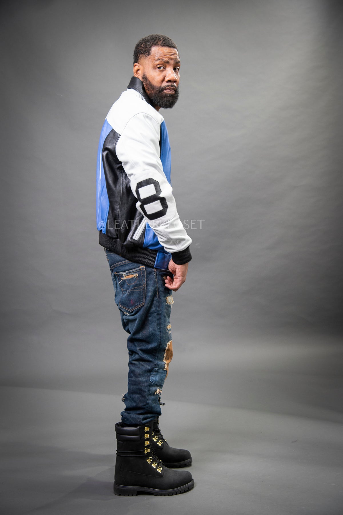 Men's 8 Ball Leather Jacket [White/Royal Blue/Black]