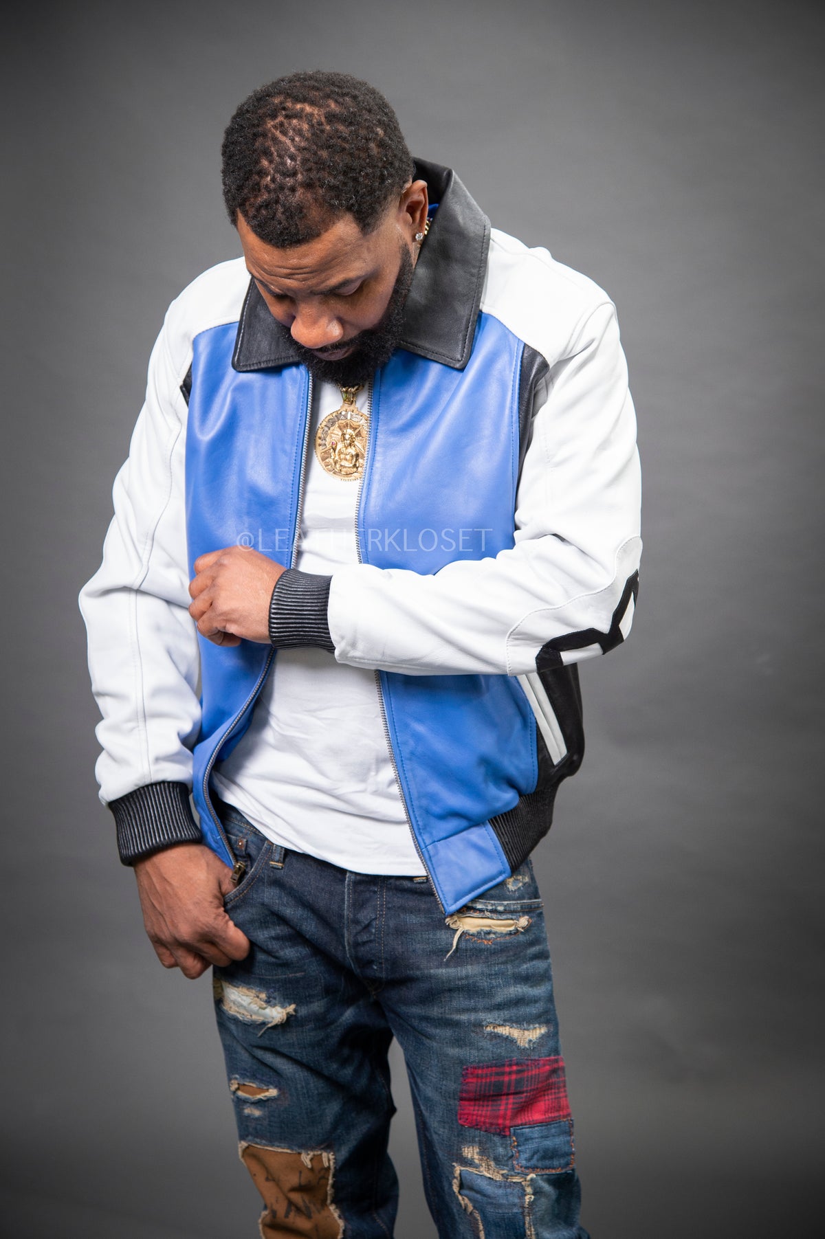 Men's 8 Ball Leather Jacket [White/Royal Blue/Black]