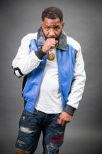 Men's 8 Ball Leather Jacket [White/Royal Blue/Black]