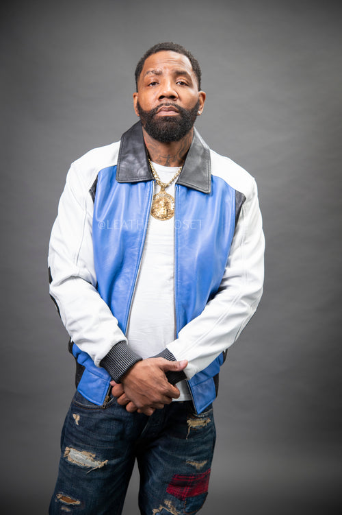 Men's 8 Ball Leather Jacket [White/Royal Blue/Black]