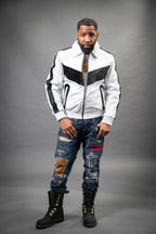 Men's V-Baseball Bomber Pony Leather Jacket [Black/White]