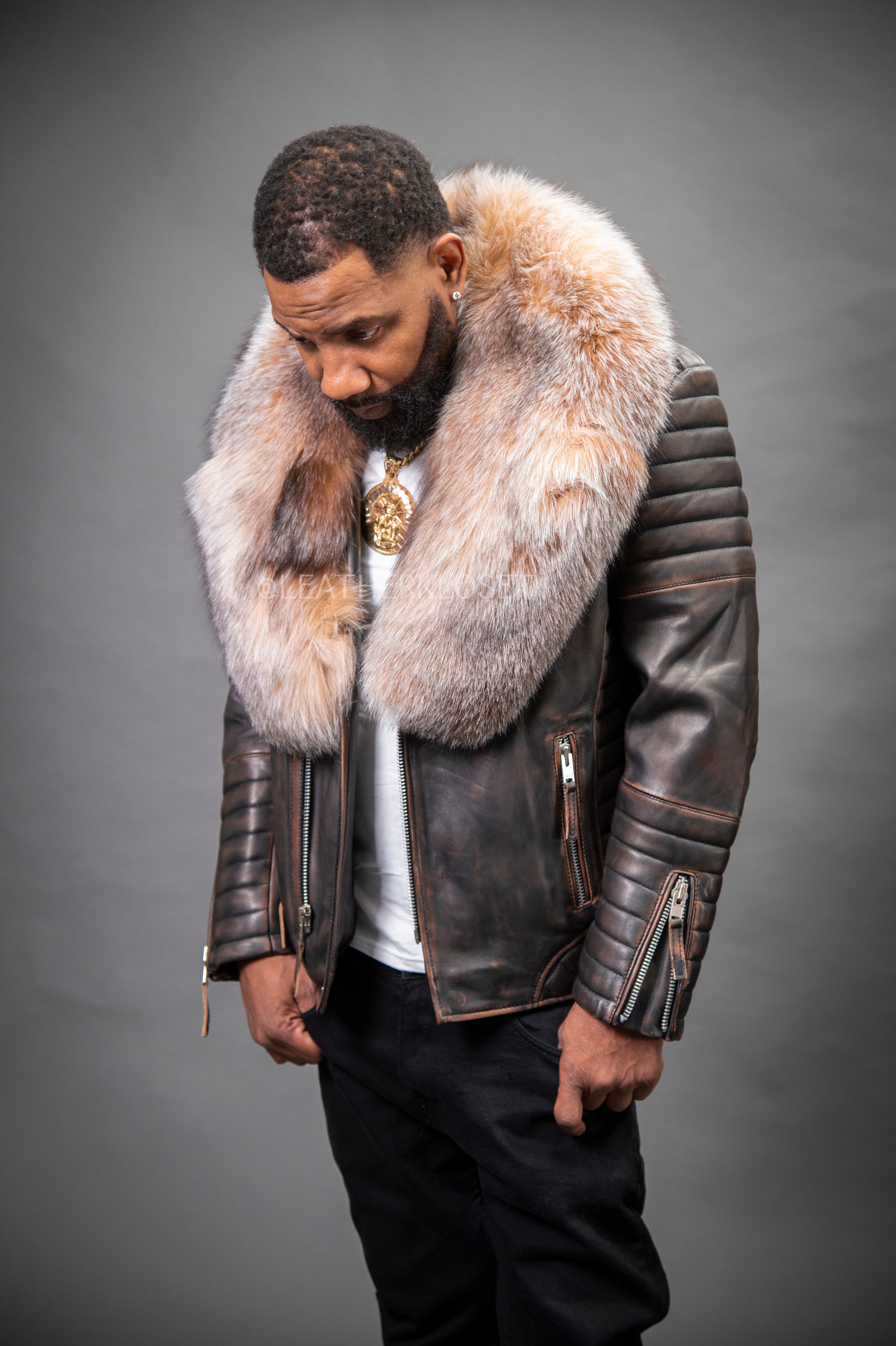 Men's Jay Biker Copper With Full Fox Fur Collar [Crystal
