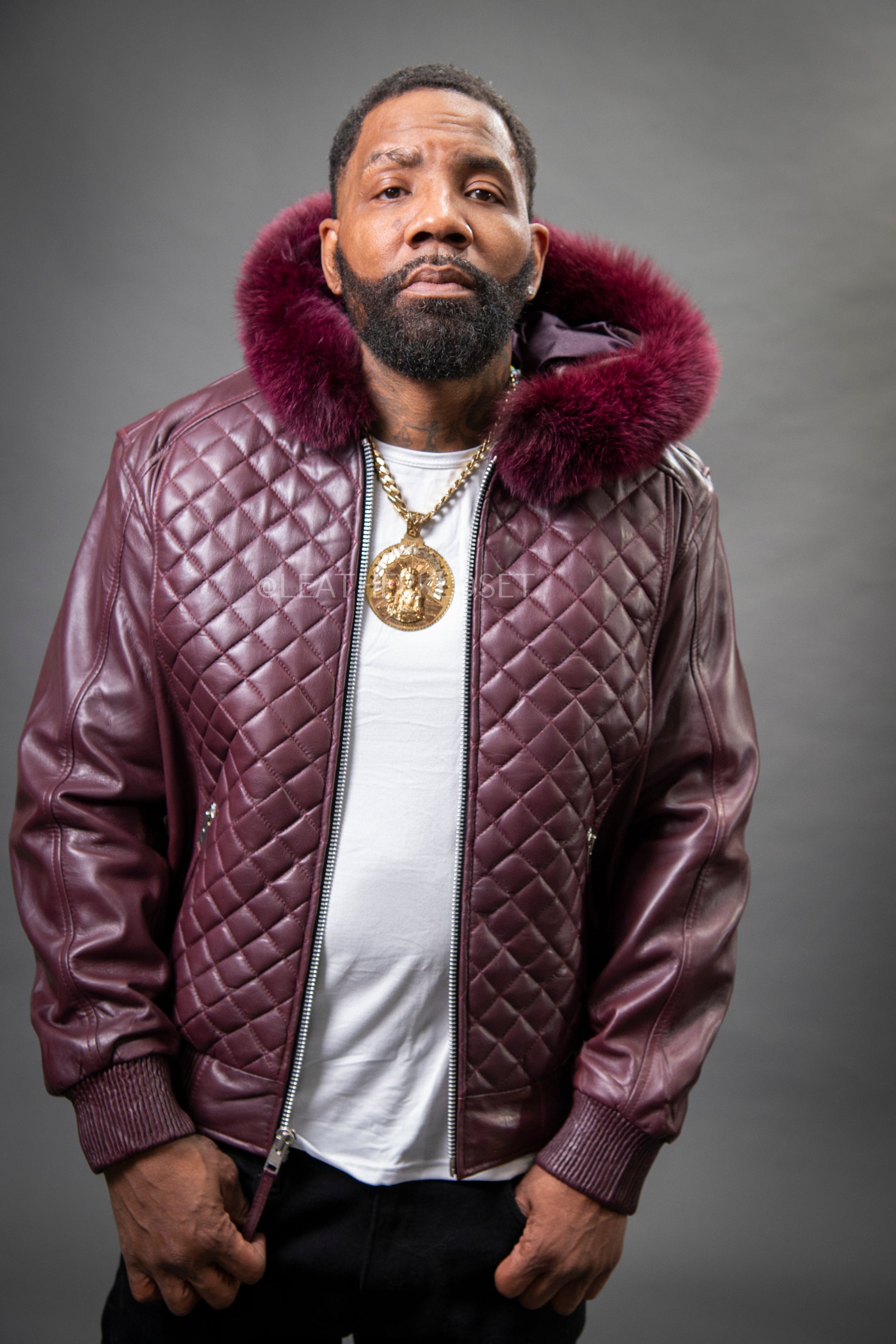 Men's Lucas Quilted Leather Bomber Jacket With Fox Hood [Wine