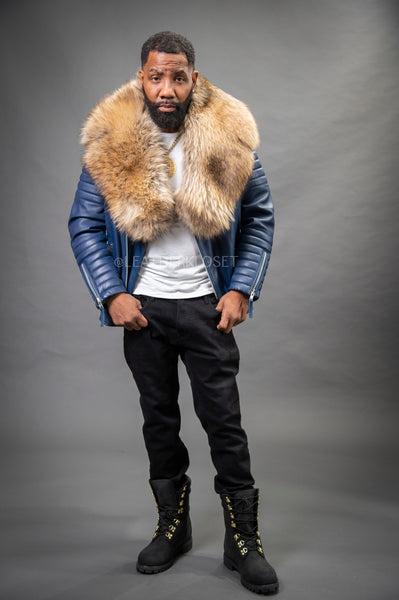 【U LAN】[premium] Frame Raccoon Collar Leather Jacket Men's Box Biker Brown Copper Leather Full Raccoon Fur Collar