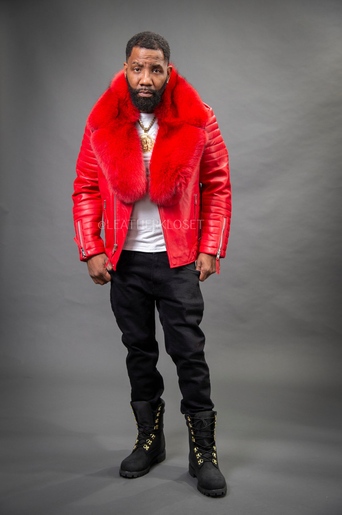Men's Jay Biker Red With Full Fox Fur Collar [Red]