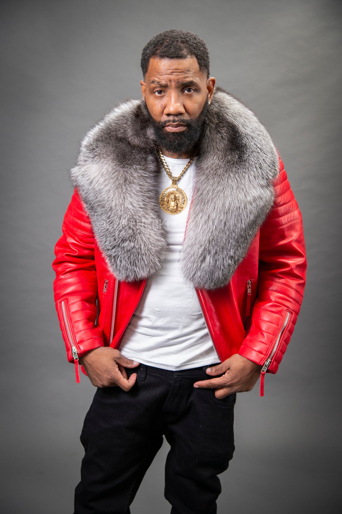 Men's Jay Biker Red With Full Fox Fur Collar [Silver Fox]