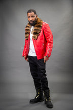 Men's Jay Biker Red Real Chinchilla Collar [Brown Chinchilla]