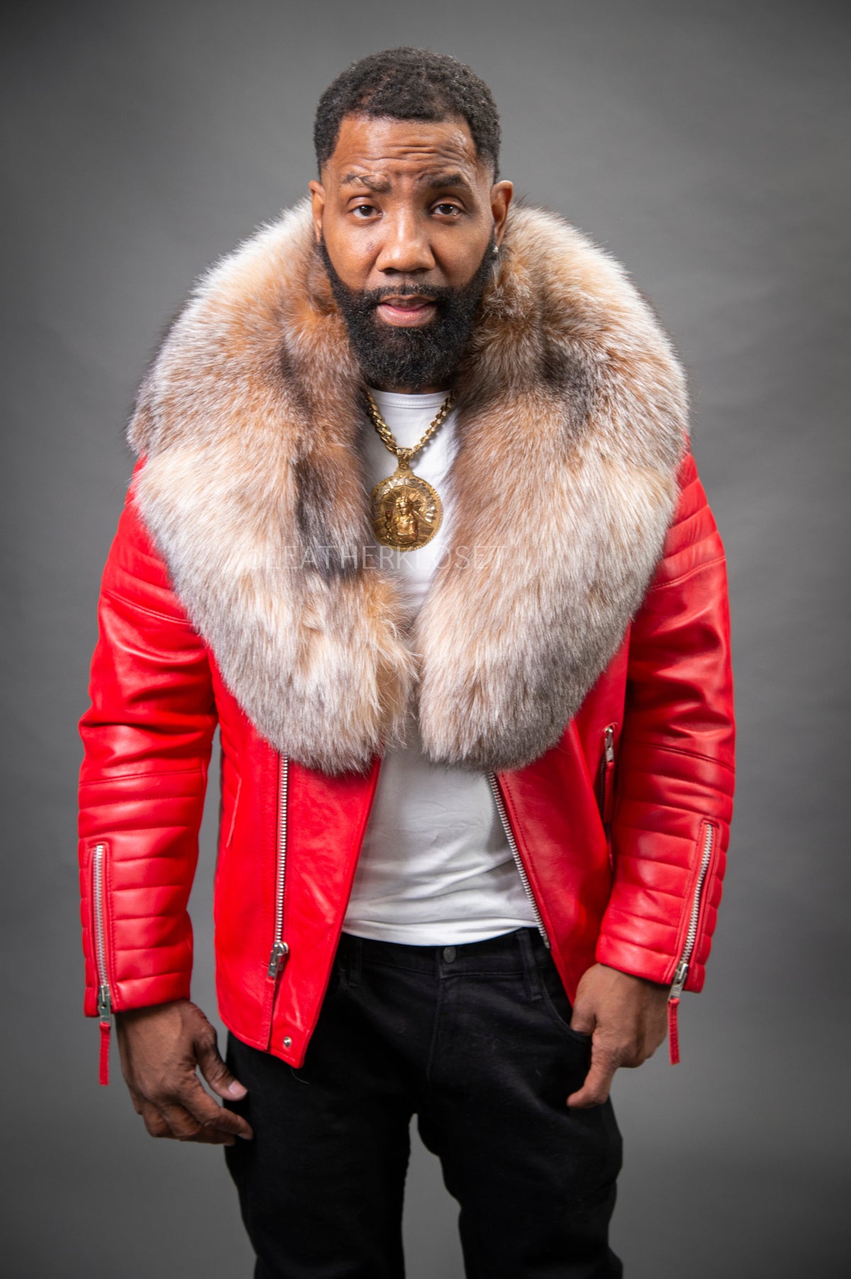 Men's Jay Biker Red With Full Fox Fur Collar [Crystal Fox]