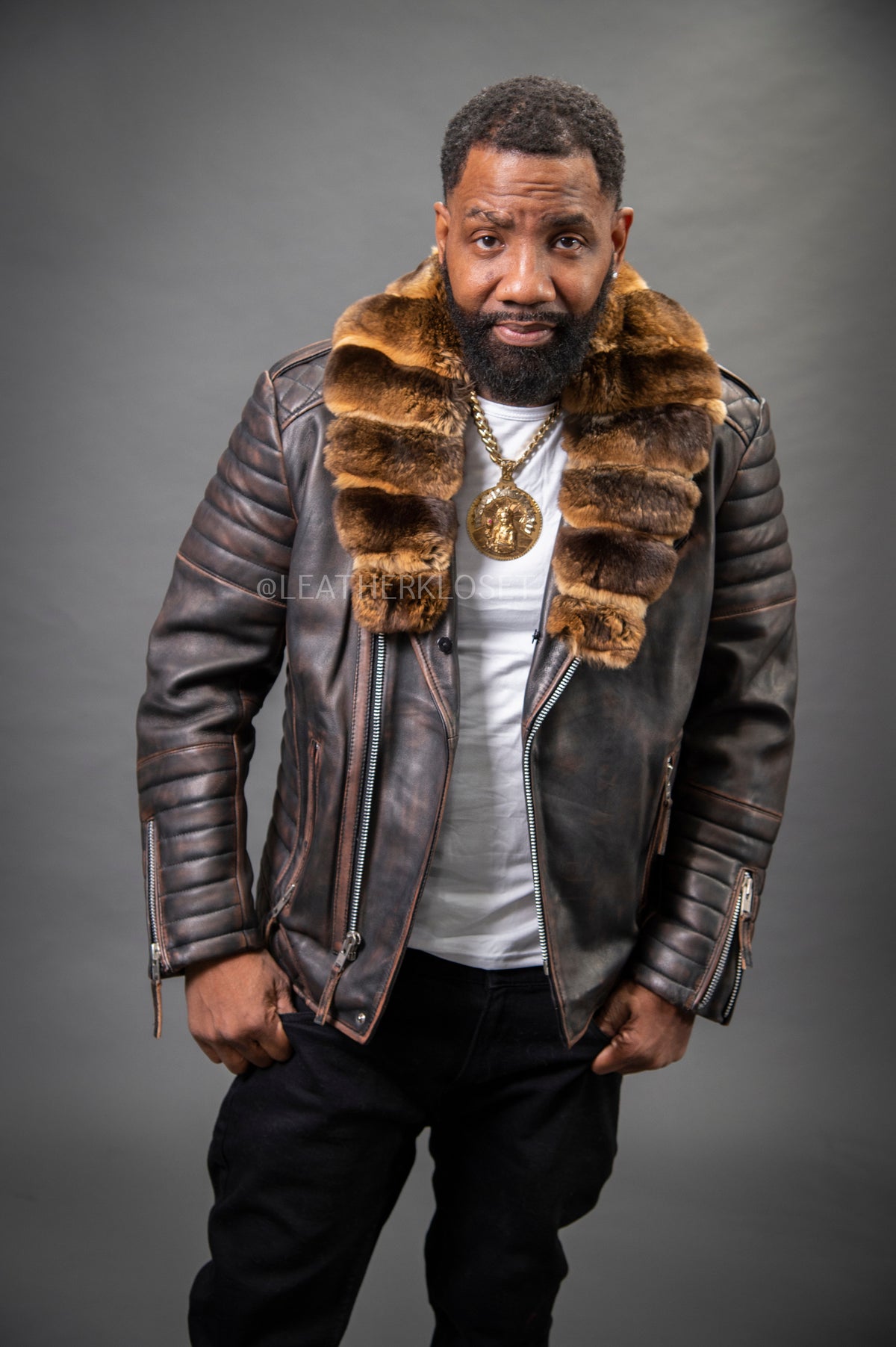 Men's Jay Biker Brown Copper Real Chinchilla Collar [Brown Chinchilla]
