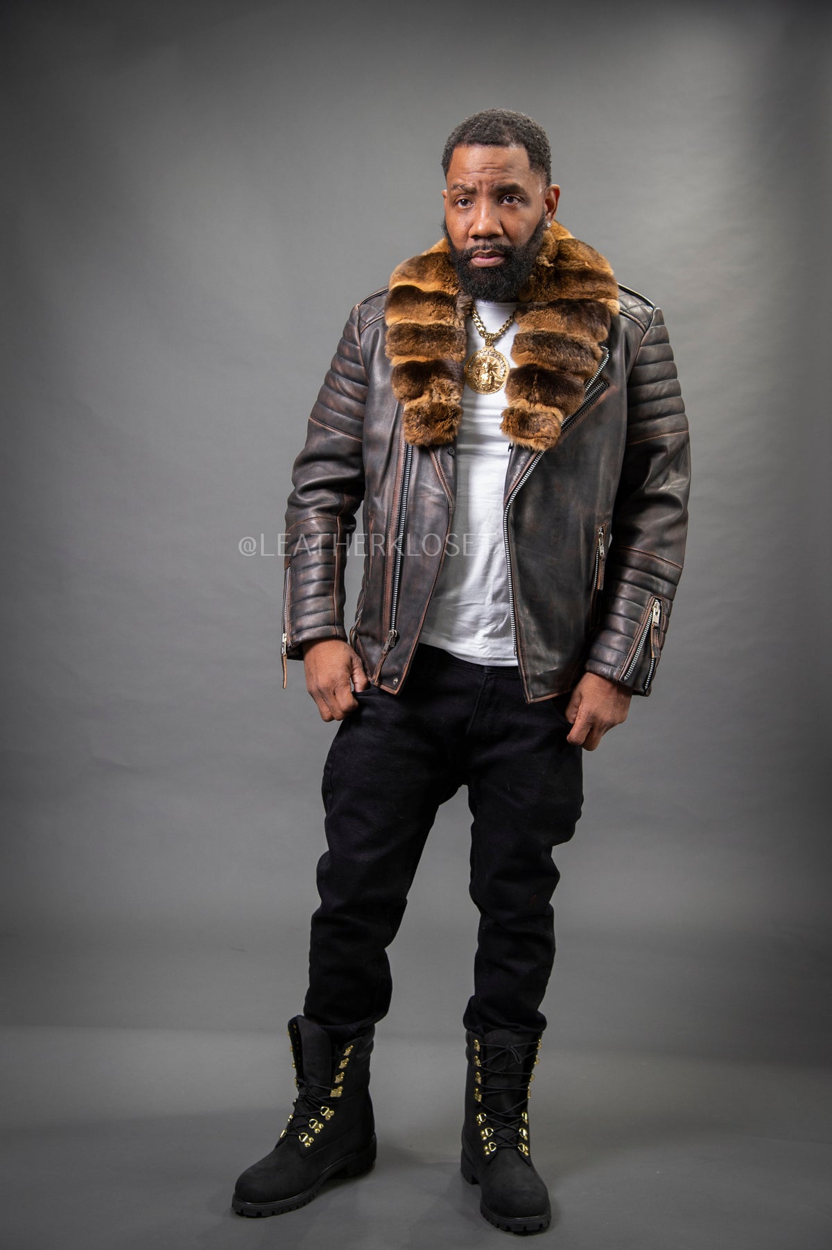 Men's Jay Biker Brown Copper Real Chinchilla Collar [Brown Chinchilla]