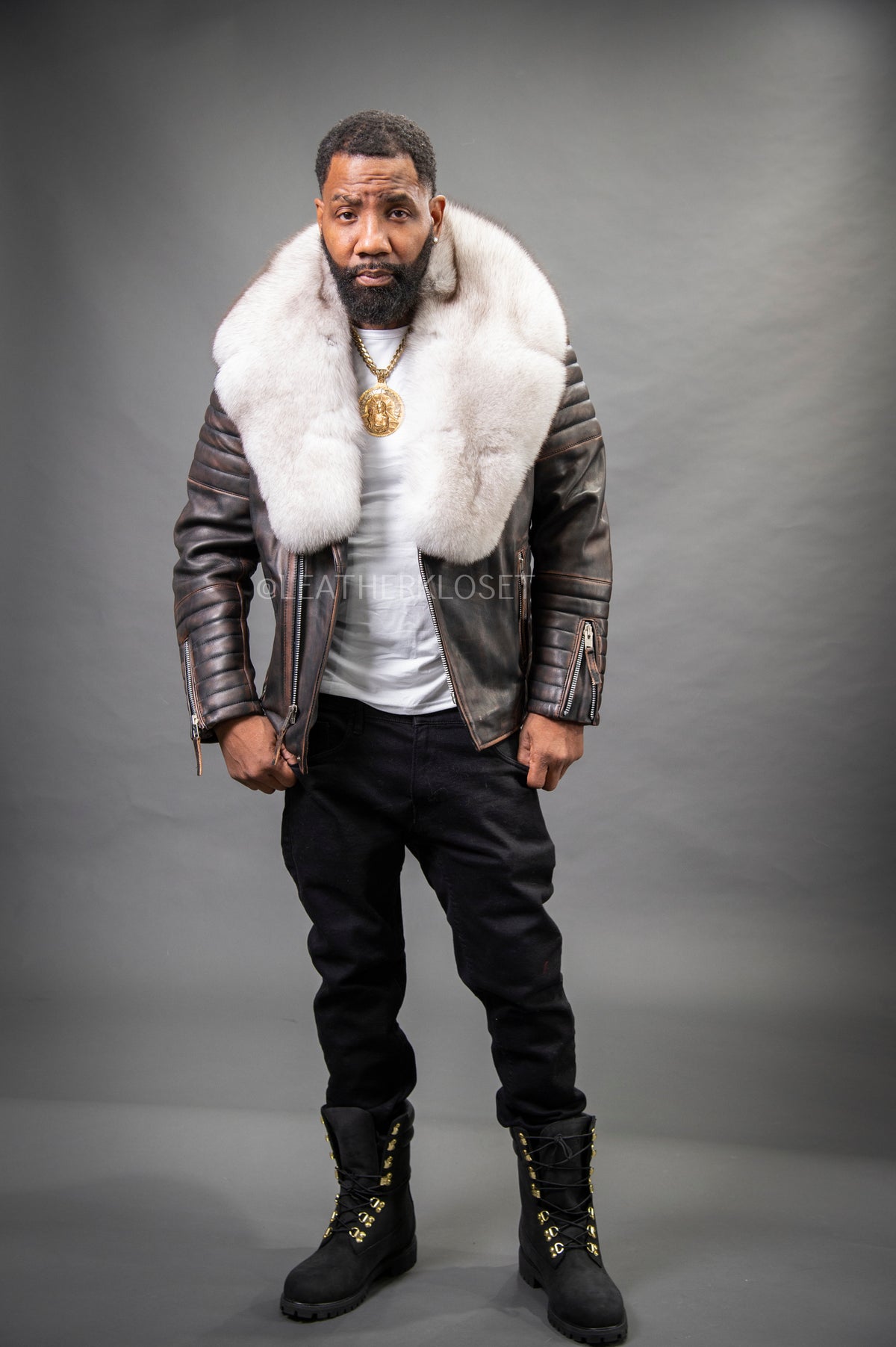 Men's Jay Biker Copper With Full Fox Fur Collar [White]