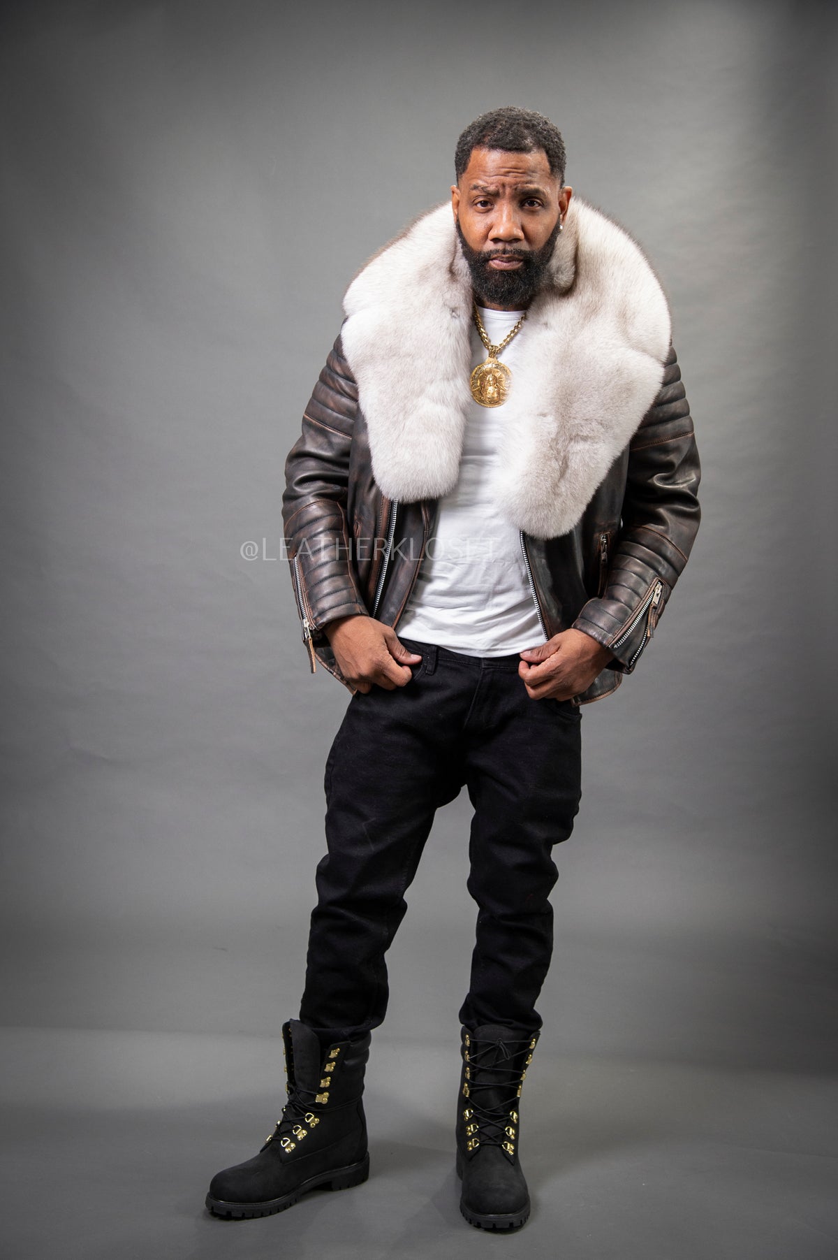 Men's Jay Biker Copper With Full Fox Fur Collar [White]