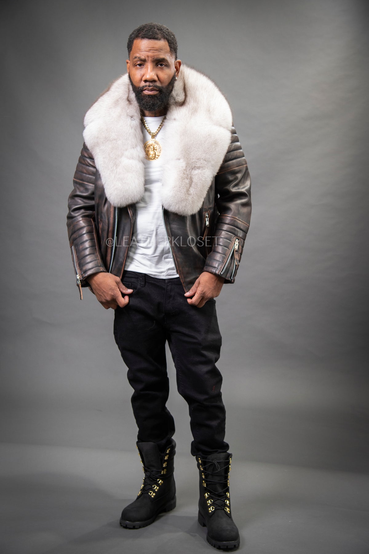 Men's Jay Biker Copper With Full Fox Fur Collar [White]