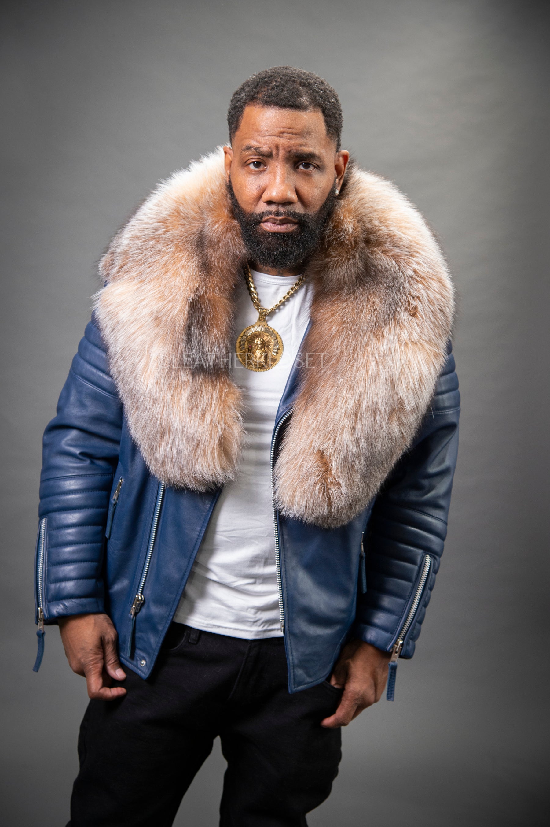 Blue Leather Jacket Mens Blue Jacket With Fur Collar Fox Fur Mens